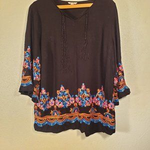 EST 1946 Bell Sleeve Hem Embroidered Tunic Top